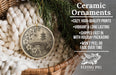 Ceramic ornaments, featuring a black and white illustration of a bridge and flowers, are displayed in a woven basket.