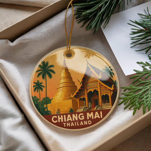 A decorative ornament featuring a temple and palm trees, with the text "CHIANG MAI THAILAND" printed on it.