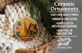 Ceramic ornaments, specifically a ceramic ornament with a picture of a temple in Thailand, are displayed in a woven basket.