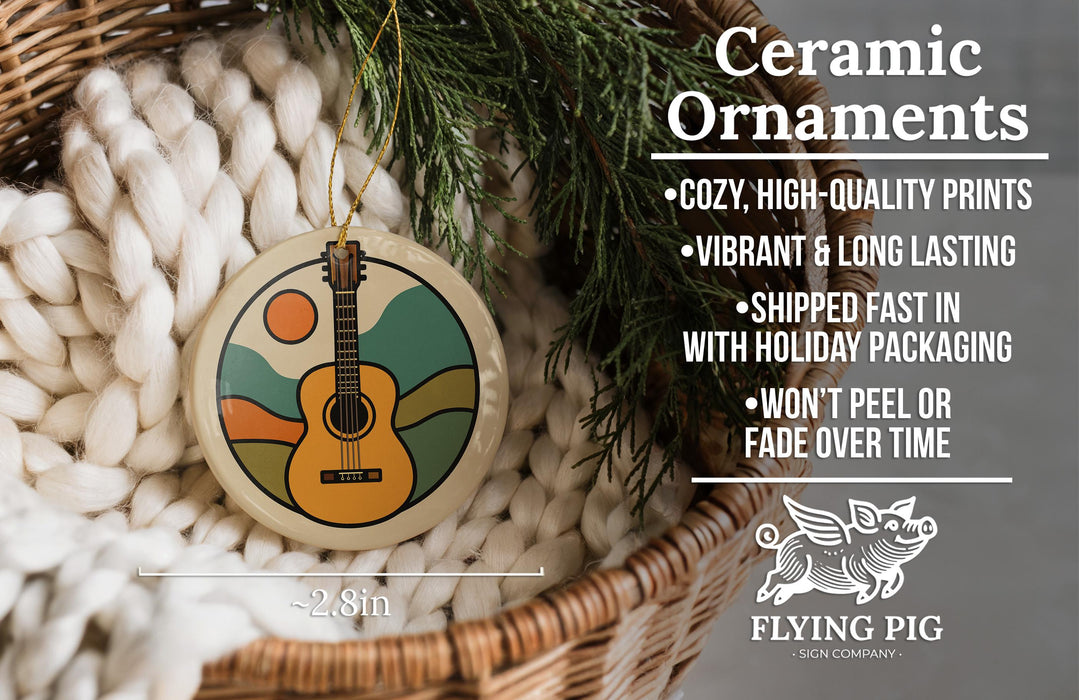 Ceramic ornaments, featuring a guitar design, are displayed in a wicker basket.