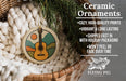 Ceramic ornaments, featuring a guitar design, are displayed in a wicker basket.
