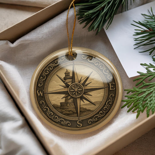 A decorative compass ornament with a lighthouse in the background, hanging from a string.