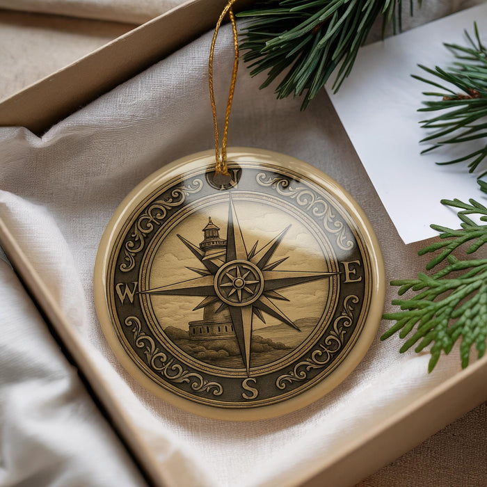 A decorative compass ornament with a lighthouse in the background, hanging from a string.