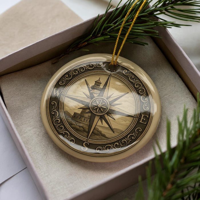 A decorative compass ornament is displayed in a box, surrounded by pine branches.