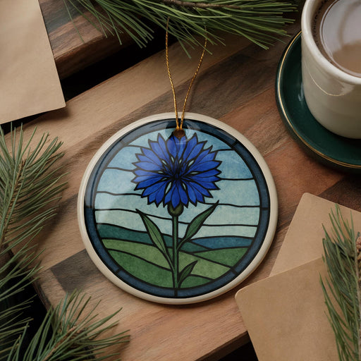 a ceramic ornament with a blue flower design, placed on a wooden surface next to a cup of coffee and some pine branches.