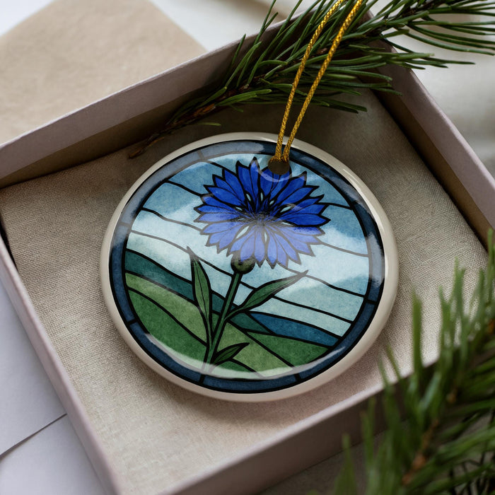 A ceramic ornament in a box, featuring a blue flower design with green leaves.