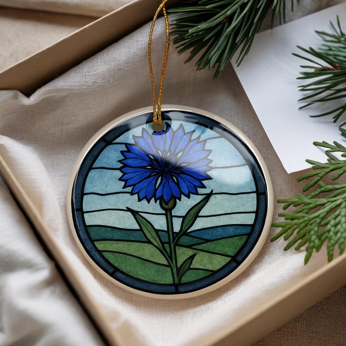 A decorative ornament in a box, featuring a blue flower with green leaves, placed on a white surface.