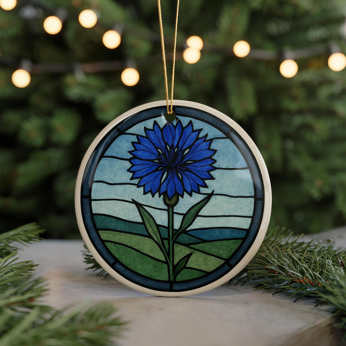 A blue flower ornament with a stained glass design is displayed in the center of the image, surrounded by pine branches and twinkling lights.