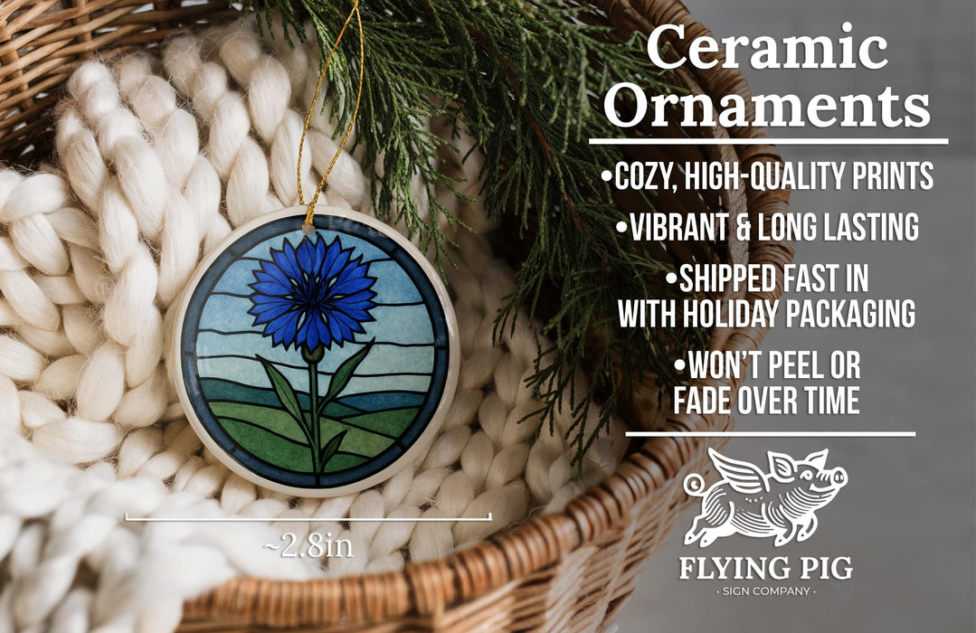Ceramic ornaments, featuring a blue flower design, are displayed in a woven basket.