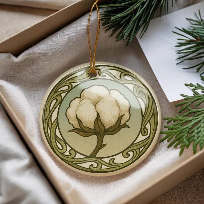 A decorative ornament with a white cotton flower design is displayed in a box, surrounded by pine branches and a white card.