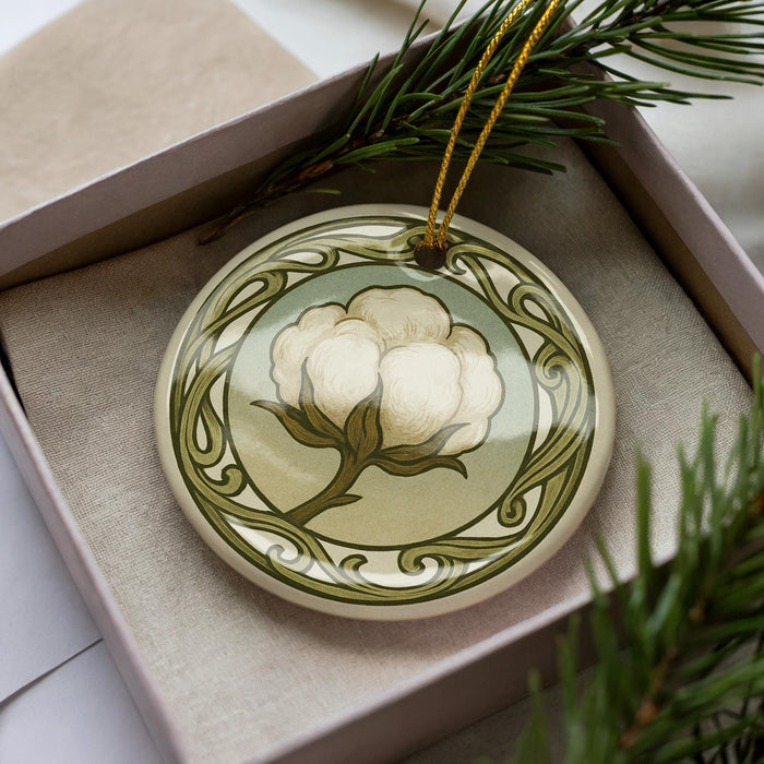 A decorative ceramic ornament with a floral design, placed in a box with pine branches.
