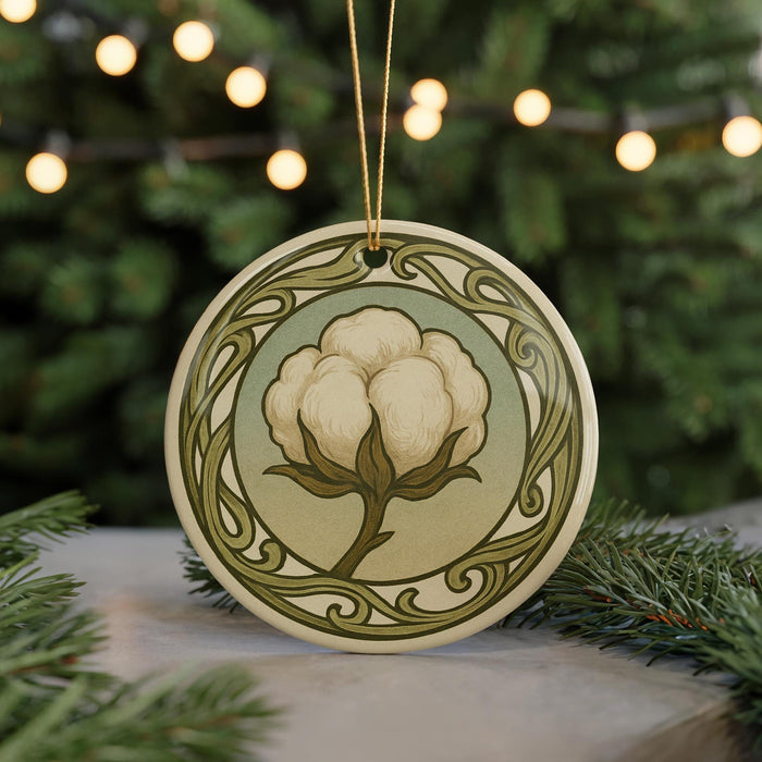 A decorative ornament featuring a white cotton flower is displayed in the center of the image, surrounded by greenery and twinkling lights in the background.