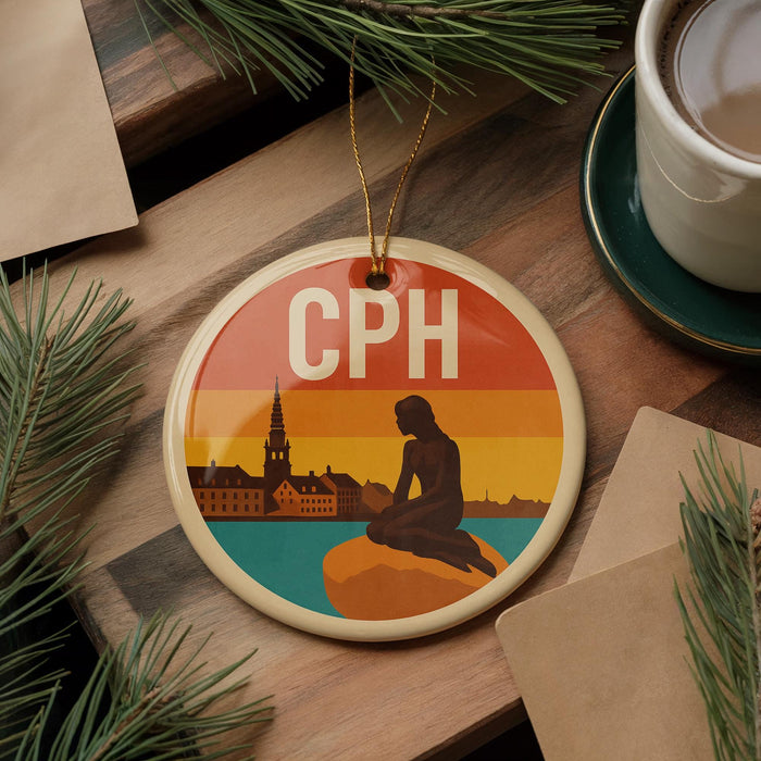 A round ornament with a silhouette of a person sitting on a rock, surrounded by a sunset landscape, is displayed on a wooden surface.