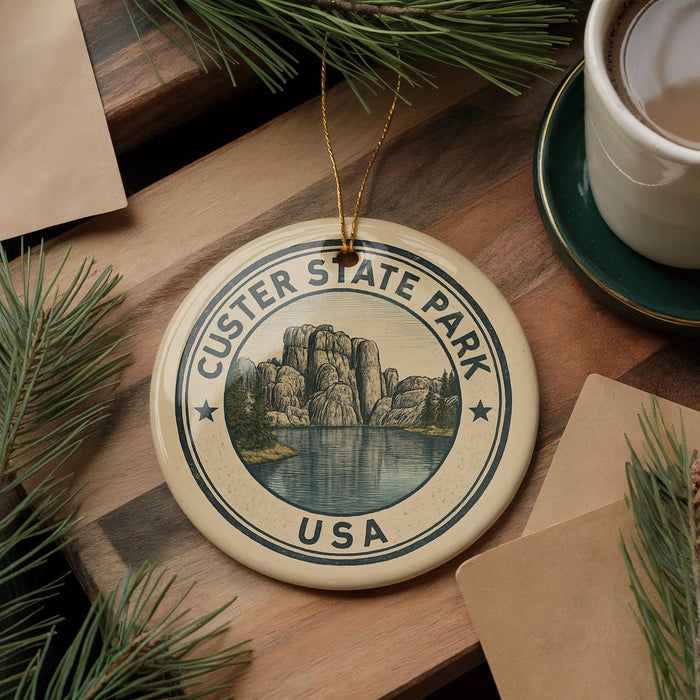 A ceramic ornament with the text "CUSTER STATE PARK USA" and an illustration of a mountain landscape is displayed on a wooden surface, accompanied by pine branches and a cup of coffee.