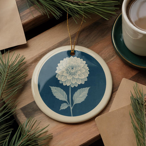 a blue and white ceramic ornament with a white flower design, placed on a wooden surface alongside a cup of coffee and some pine branches.