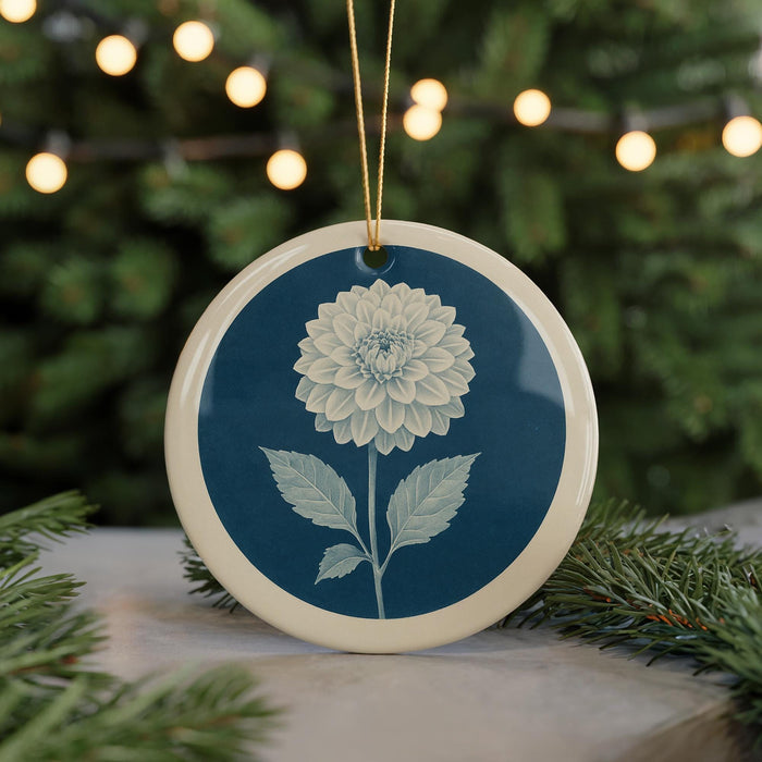 A blue and white ceramic ornament featuring a dahlia flower is displayed in the center of the image, surrounded by pine branches and twinkling lights.