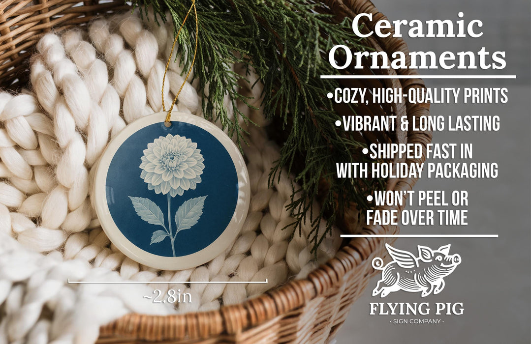 Ceramic ornaments, featuring a blue and white design with a flower, are displayed in a woven basket.