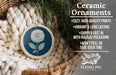 Ceramic ornaments, featuring a blue and white design with a flower, are displayed in a woven basket.