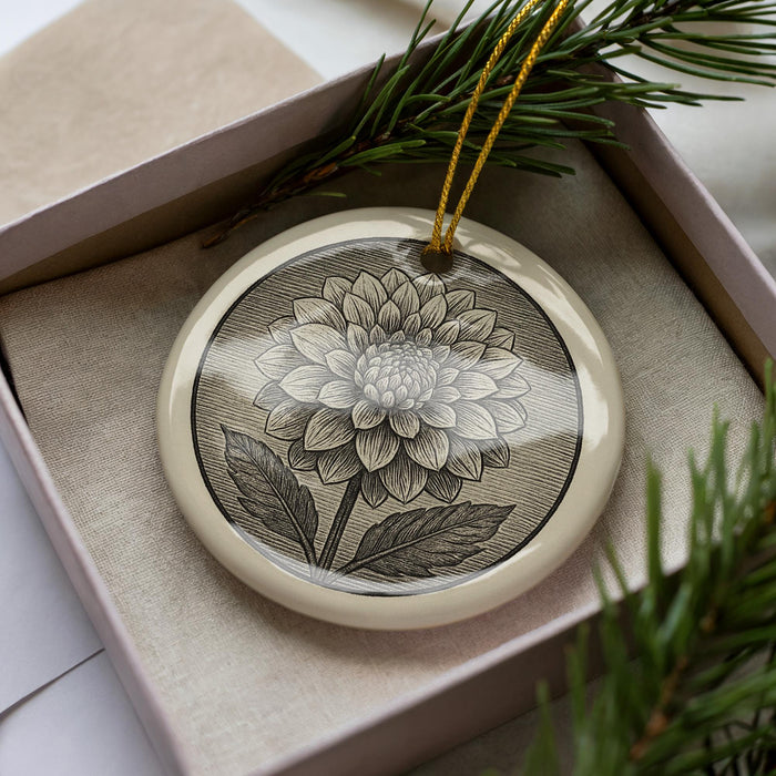 A decorative ceramic ornament featuring a detailed floral design is displayed in a box, surrounded by pine branches.