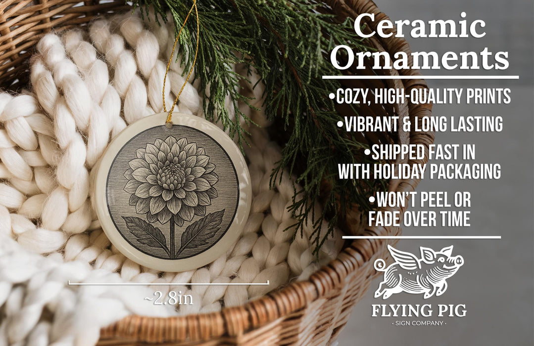 Ceramic ornaments, featuring a detailed flower design, are displayed in a woven basket.