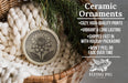 Ceramic ornaments, featuring a detailed flower design, are displayed in a woven basket.
