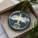 A circular ornament with a picture of an airplane and the word "DEN" on it, placed in a box with pine branches.