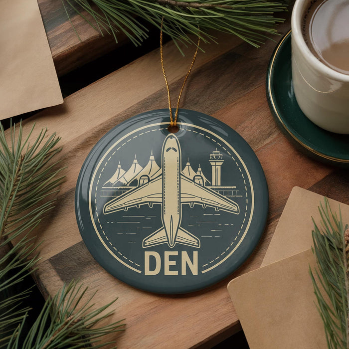 A circular ornament featuring a stylized airplane and the word "DEN" is displayed on a wooden surface, surrounded by pine branches and a cup of coffee.