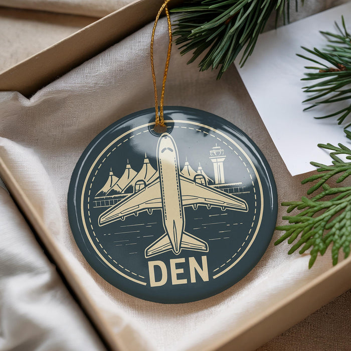 A circular ornament with a white airplane and the word "DEN" on it, hanging from a string.