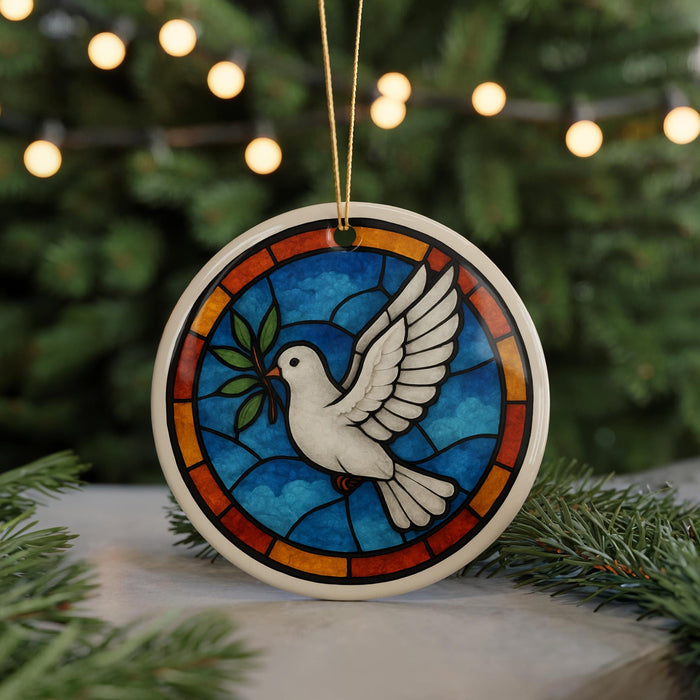 A ceramic ornament featuring a stained glass design of a white dove in flight, surrounded by a colorful border, placed on a surface with pine branches in the background.