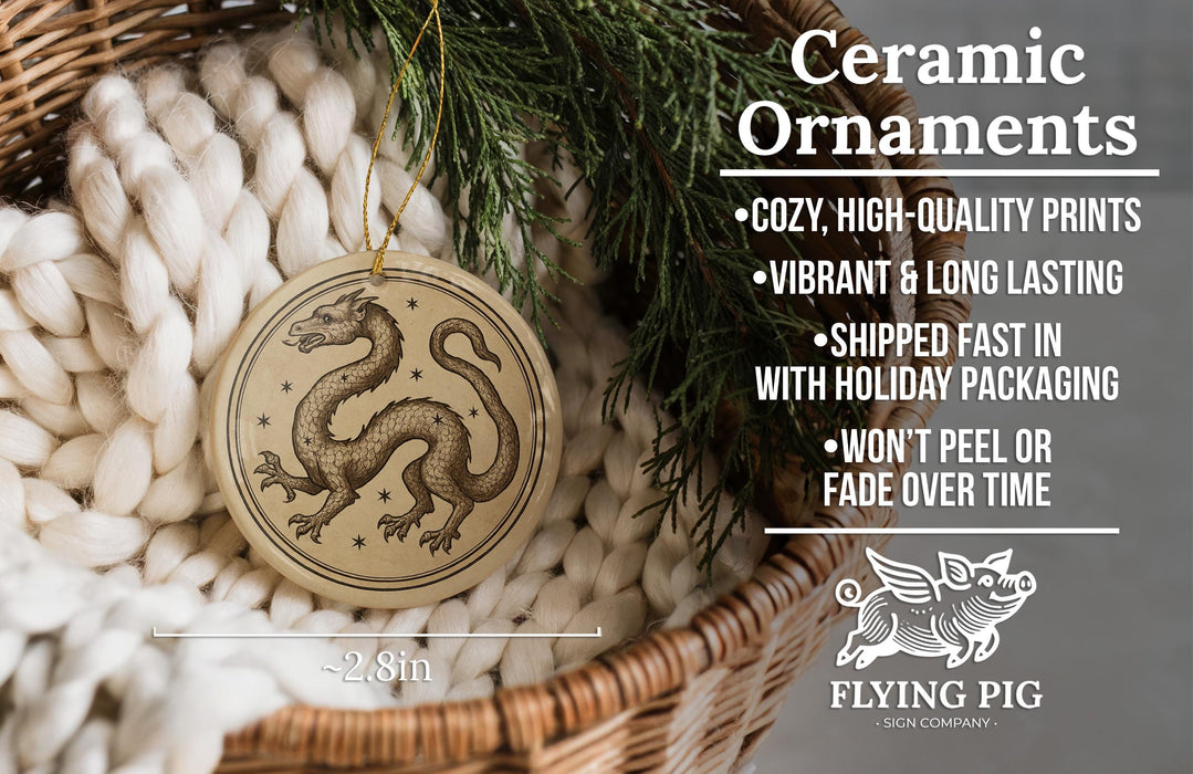 Ceramic ornaments, featuring a dragon design, are displayed in a wicker basket.