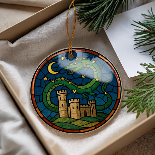 A decorative ornament in a box, featuring a castle and a dragon against a night sky background.