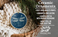 Ceramic ornaments, featuring a dragonfly design, are displayed in a woven basket.