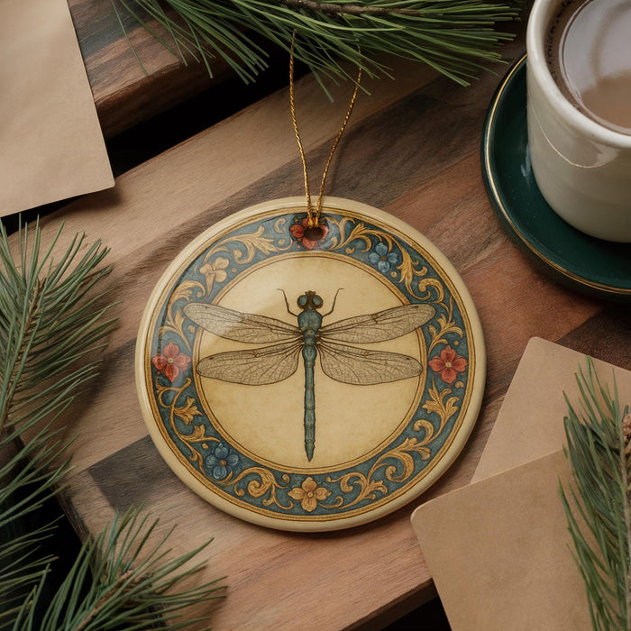 a decorative ceramic ornament with a dragonfly design, placed on a wooden surface alongside a cup of coffee and some pine branches.