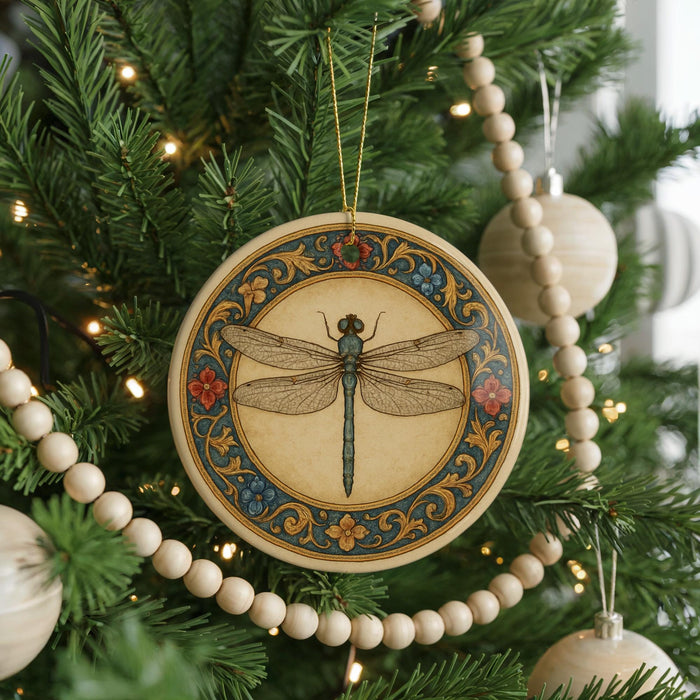 A decorative ornament featuring a dragonfly is hanging on a Christmas tree, surrounded by other ornaments and lights.