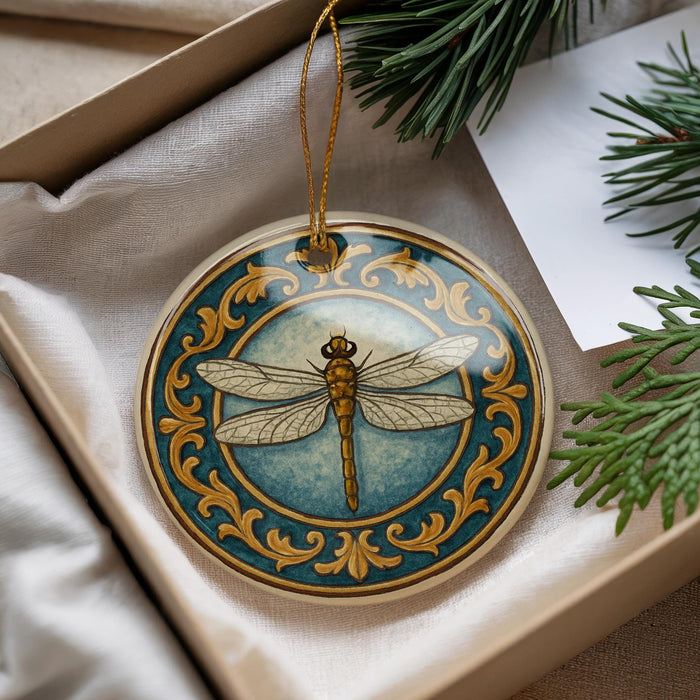 A decorative ornament featuring a dragonfly is displayed in a box, surrounded by pine branches and a white card.