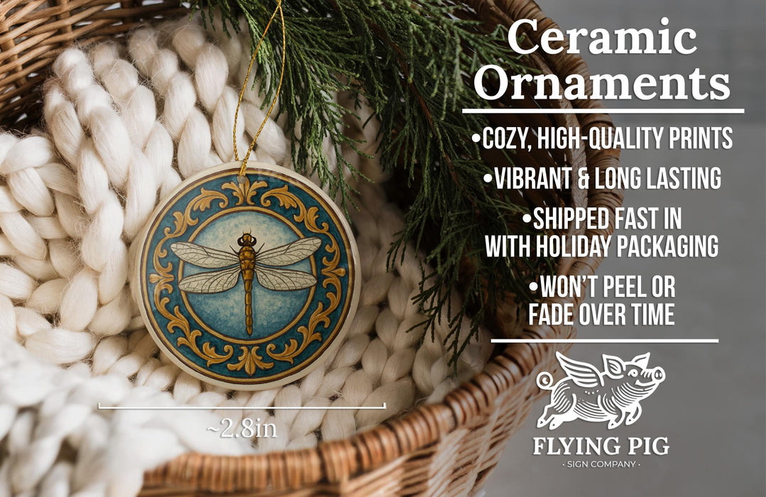 Ceramic ornaments, featuring a dragonfly design, are displayed in a woven basket.