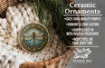 Ceramic ornaments, featuring a dragonfly design, are displayed in a woven basket.