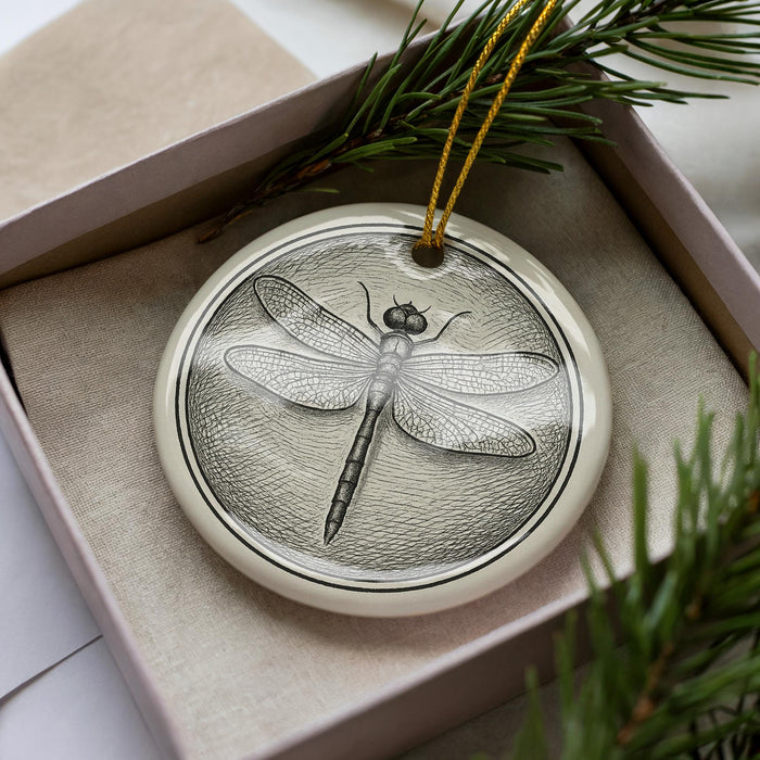A ceramic ornament in the shape of a dragonfly, with a detailed illustration of the insect, is displayed in a box surrounded by pine branches.