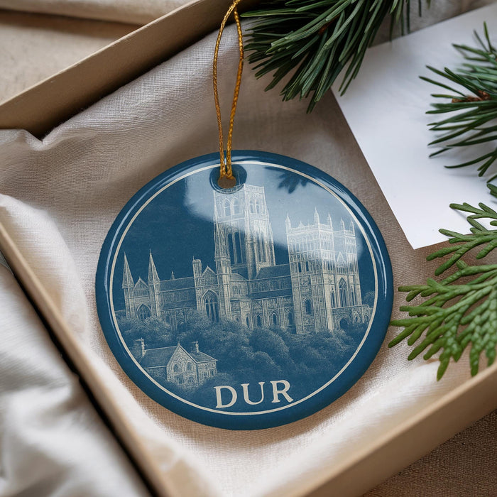 A blue ornament with a picture of a cathedral, featuring the word "DUR" on it, is placed in a box with pine branches.