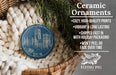 Ceramic ornaments, featuring a blue and white design of a castle or cathedral, are displayed in a woven basket.