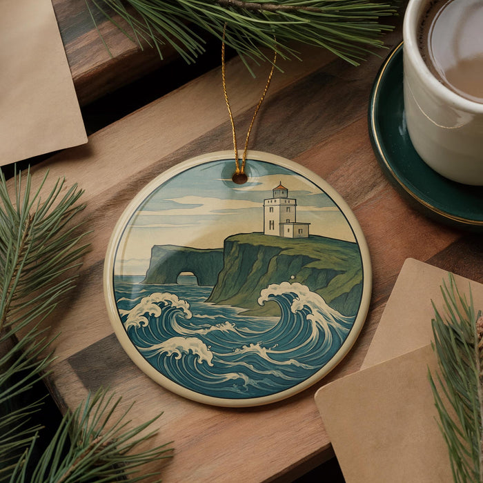 A round ornament featuring a lighthouse on a cliff overlooking the ocean, surrounded by pine branches and a cup of coffee on a wooden surface.