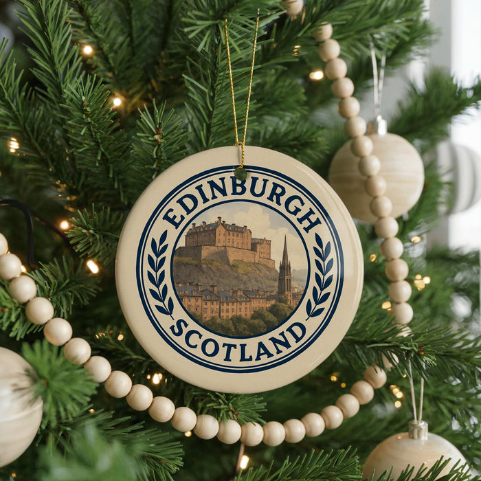 A circular ornament on a Christmas tree, featuring the image of Edinburgh Castle in Scotland.