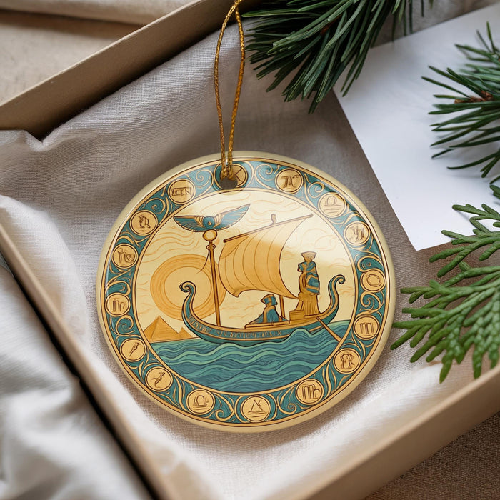 A decorative ornament in the shape of a boat with a sail, surrounded by symbols and a bird, is displayed in a box with pine branches.