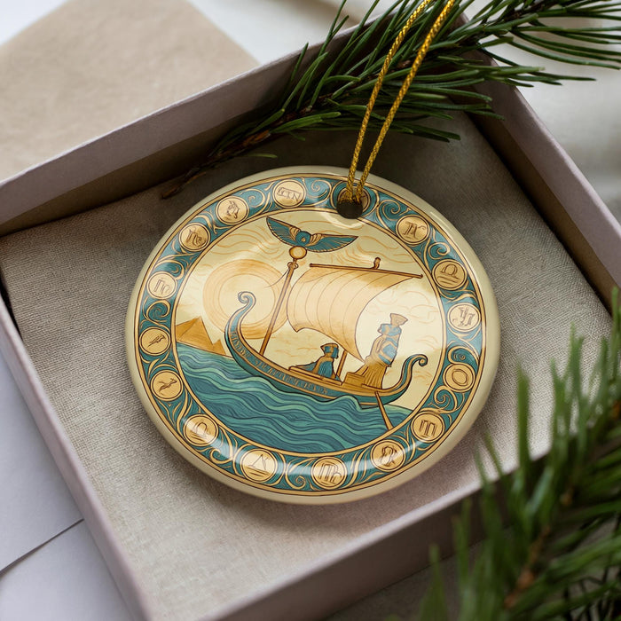 A decorative ornament in a box, featuring a sailing ship and a bird, surrounded by pine branches.