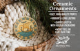 Ceramic ornaments, a wicker basket, and a pine branch are featured in the image.