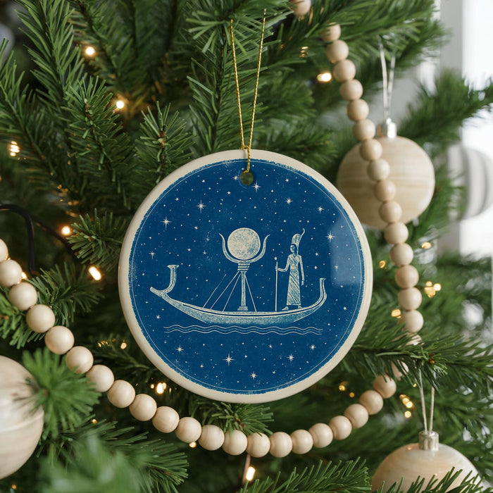 A blue circular ornament with a boat and a person on it, hanging on a Christmas tree.