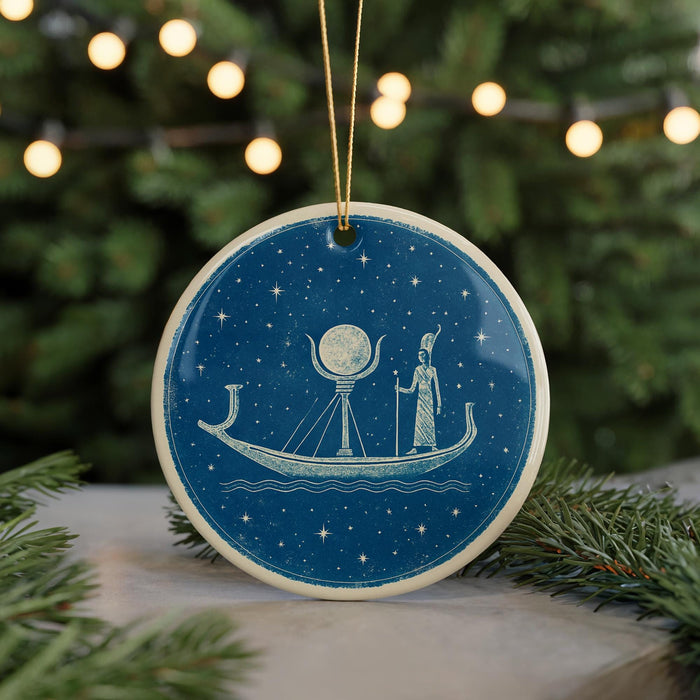 A blue circular ornament with a white illustration of a boat sailing under a starry sky, featuring a figure on the boat.