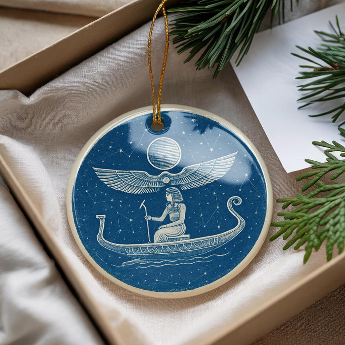 A blue and white ornament with a depiction of a person in a boat on a starry night, surrounded by pine branches.