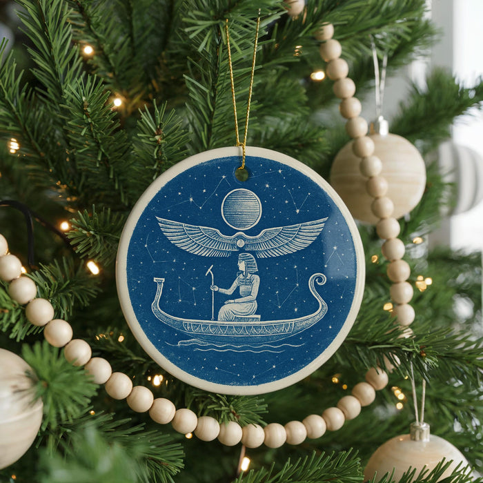 A blue circular ornament with a white illustration of a boat with a winged figure on it, hanging on a Christmas tree.