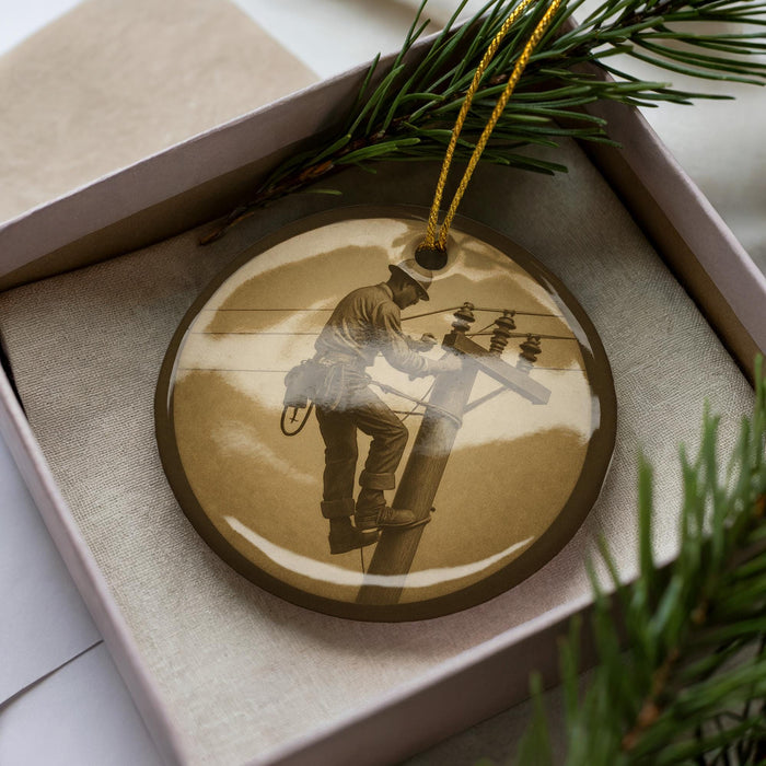 a round ornament with a picture of a man working on a telephone pole.